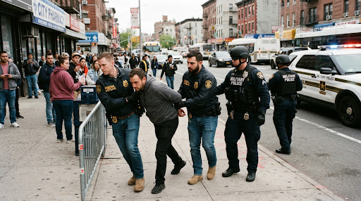 Cinematic documentary photograph, wide landscape composition: federal investigators and military police officers in tactical dark windbreakers with investigative insignia, confronting and arresting a fraudulent suspect in broad daylight.