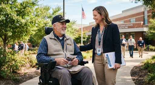 Military veteran in a modern wheelchair smiling outdoors with dignity alongside a compassionate veteran advocate, clean daytime sunlight, inspiring and respectful healthcare and veterans rights documentary photo.