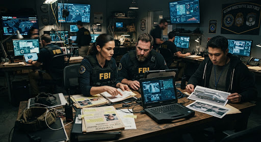 Photojournalism documentary shot: federal investigative agents reviewing case files, surveillance evidence, and digital laptops inside a high-tech veteran investigative task force headquarters, dramatic lighting, serious and authoritative.