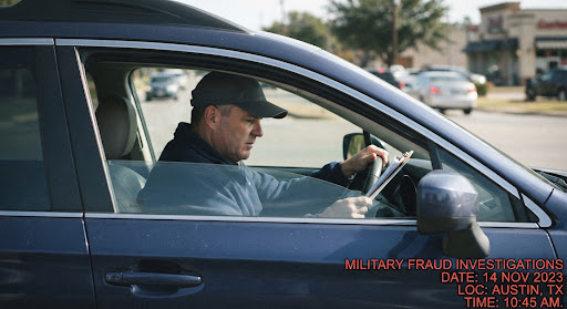 Documentary investigative photo: an individual who falsely claimed total blindness being caught driving an automobile and reading clear documents, captured by military fraud surveillance team. Realistic investigative evidence photography.