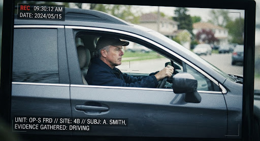 Documentary investigative photo: an individual who falsely claimed total blindness being caught driving an automobile and reading clear documents, captured by military fraud surveillance team. Realistic investigative evidence photography.