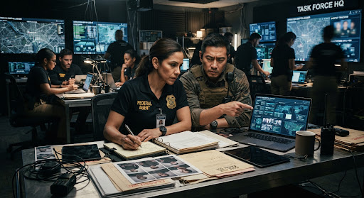 Photojournalism documentary shot: federal investigative agents reviewing case files, surveillance evidence, and digital laptops inside a high-tech veteran investigative task force headquarters, dramatic lighting, serious and authoritative.