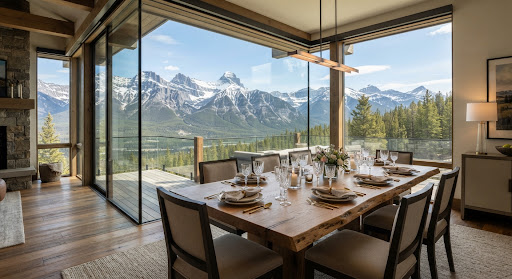 Dining table with panoramic mountain peaks through wrap-around glass