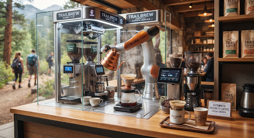 Automated robotic barista machine brewing specialty trail coffee