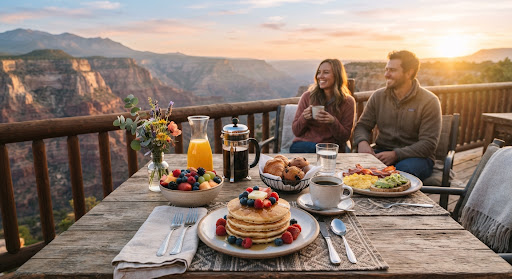 Sunrise Canyon Brunch spread with fresh fruits, pancakes, and coffee