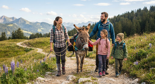 Family with young kids laughing alongside gentle trail donkey