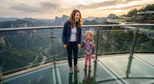 Mother and daughter smiling at edge of Glass Skywalk platform