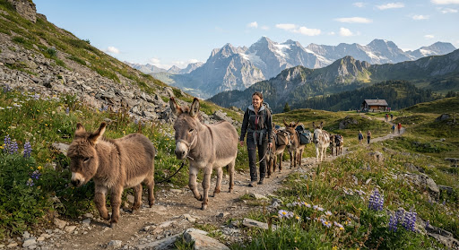 Friendly miniature donkeys and burros on mountain trail