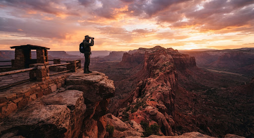 Mountain safety lookout silhouette overlooking dramatic red rock ridge