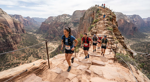 Trail runners ascending canyon ridge steps for safety benefit run